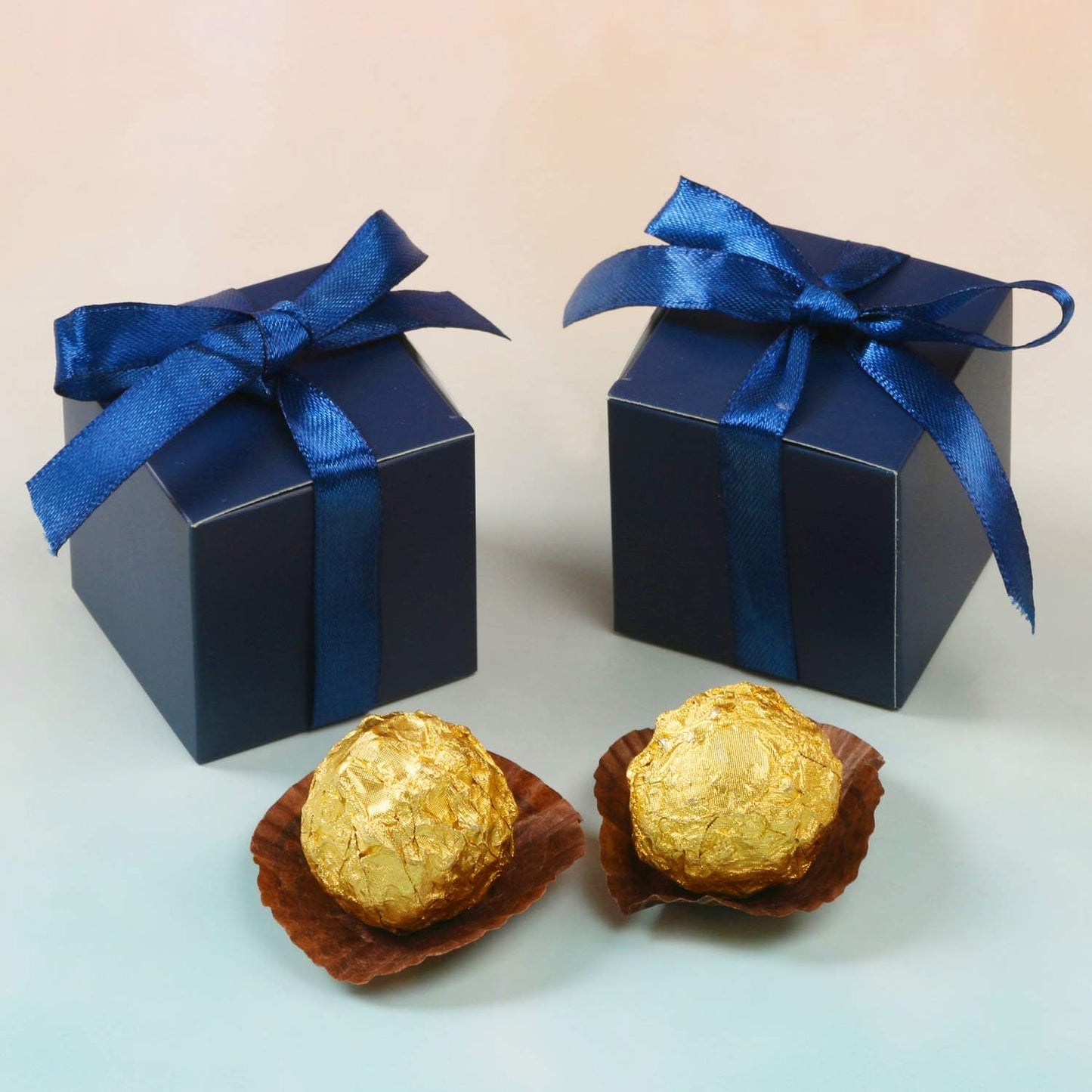 100Pcs Wedding Favor Boxes, Paper Gift Boxes 3X3X3 Inches Small Gift Boxes with Ribbons Small Boxes for Gifts, Crafting, Cupcake, Candy, Bridesmaid Proposal Boxes，Easy Assemble Boxes(Navy)