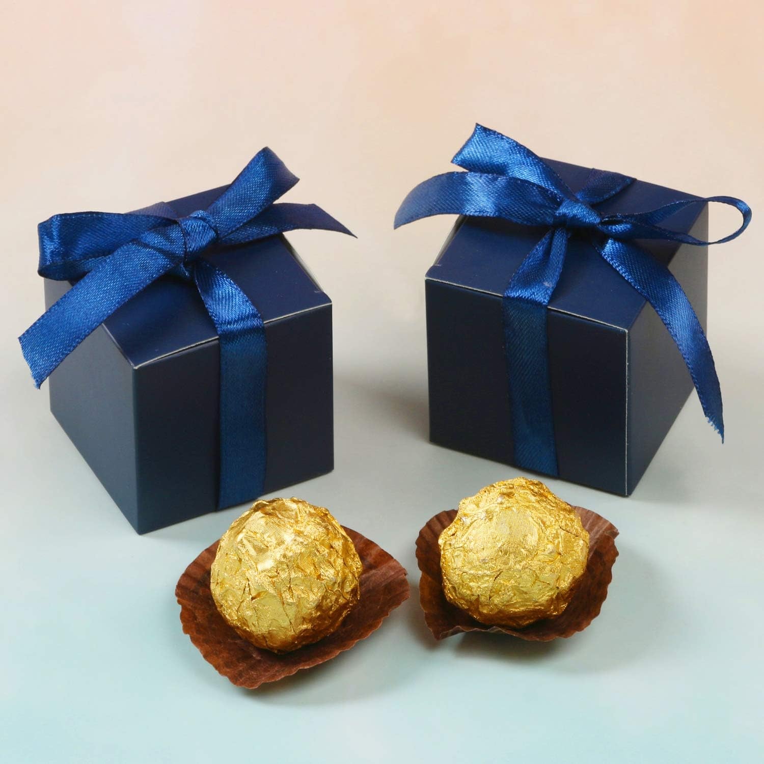 100Pcs Wedding Favor Boxes, Paper Gift Boxes 3X3X3 Inches Small Gift Boxes with Ribbons Small Boxes for Gifts, Crafting, Cupcake, Candy, Bridesmaid Proposal Boxes，Easy Assemble Boxes(Navy)