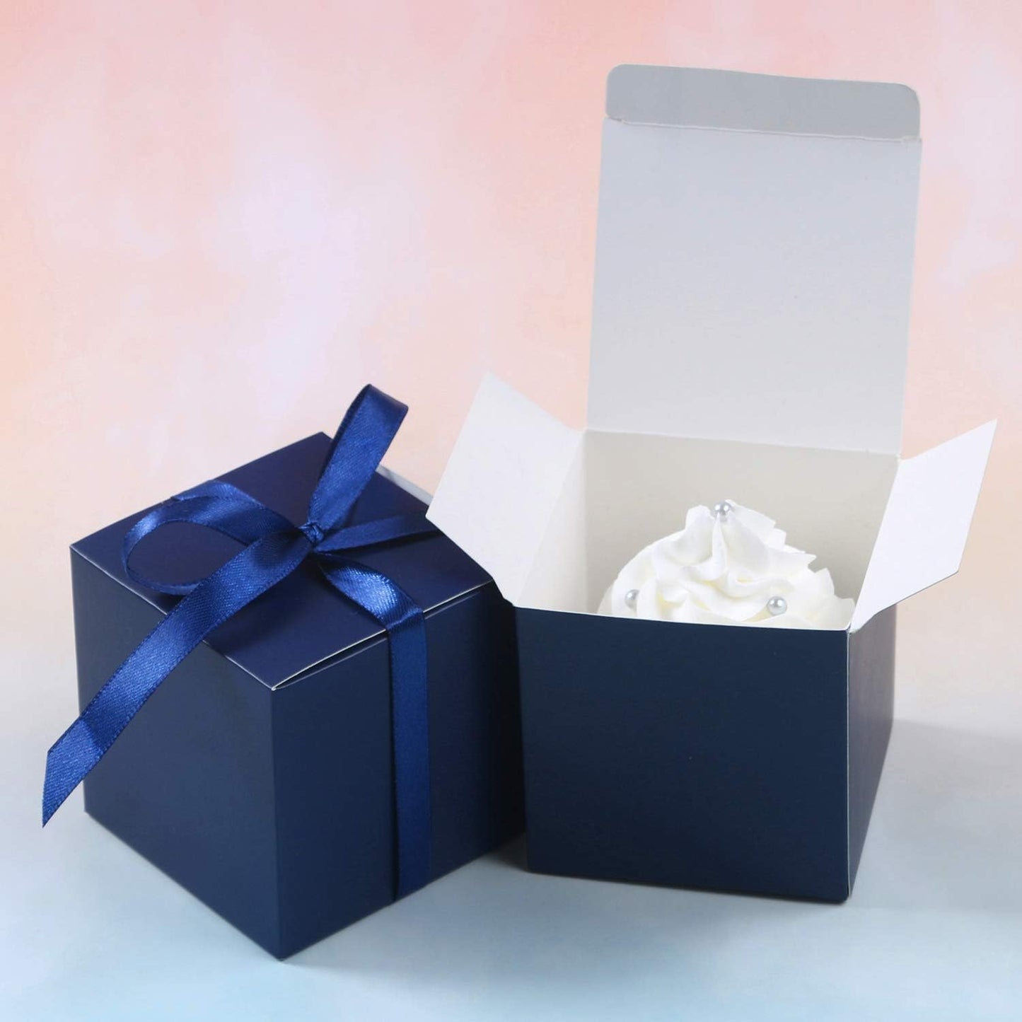 100Pcs Wedding Favor Boxes, Paper Gift Boxes 3X3X3 Inches Small Gift Boxes with Ribbons Small Boxes for Gifts, Crafting, Cupcake, Candy, Bridesmaid Proposal Boxes，Easy Assemble Boxes(Navy)