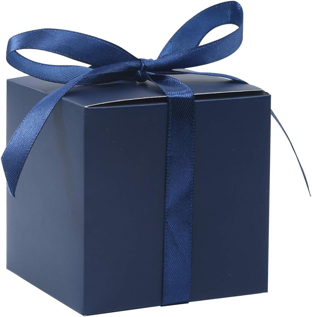 100Pcs Wedding Favor Boxes, Paper Gift Boxes 3X3X3 Inches Small Gift Boxes with Ribbons Small Boxes for Gifts, Crafting, Cupcake, Candy, Bridesmaid Proposal Boxes，Easy Assemble Boxes(Navy)