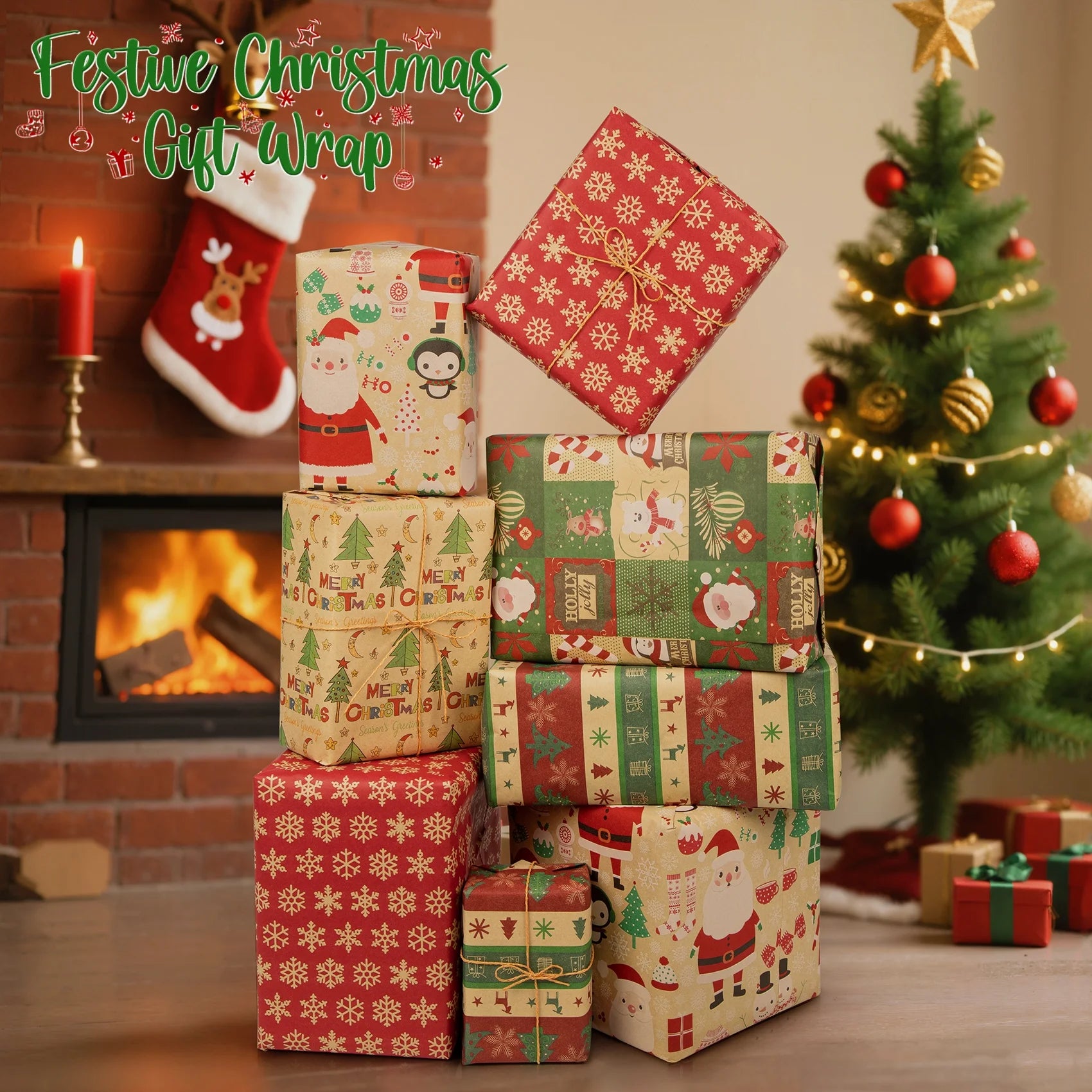 Christmas Wrapping Paper Rolls, 5 Rolls Gift Wrapping Supplies with Santa Claus, Snowflake, Christmas Tree Patterns Design, 17 X 120 Inches