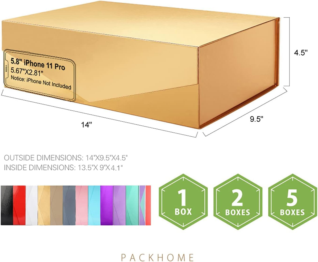 5 Gift Boxes 13.5X9X4.1 Inches, Large Gift Boxes with Lids, Bridesmaid Proposal Boxes, Sturdy Gift Boxes, Collapsible Gift Boxes with Magnetic Closure (Glossy Gold)