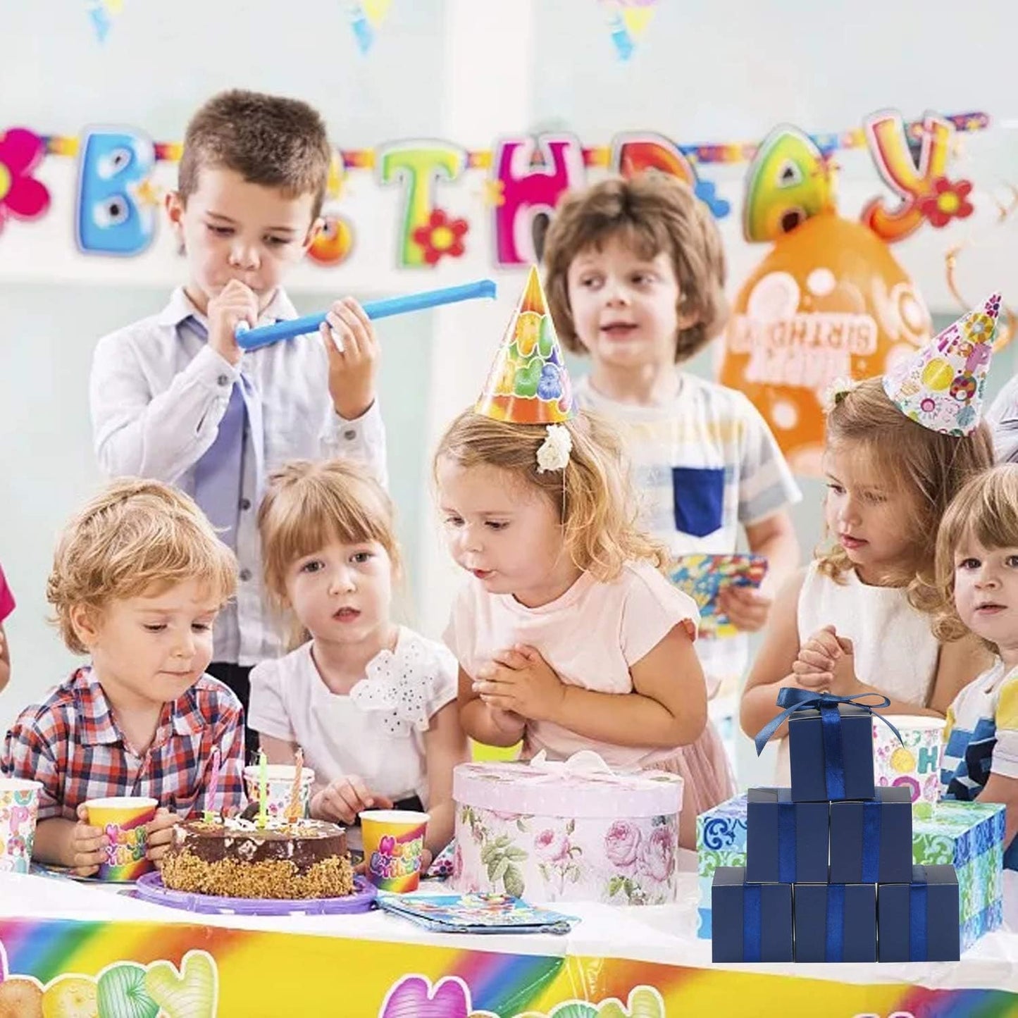 100Pcs Wedding Favor Boxes, Paper Gift Boxes 3X3X3 Inches Small Gift Boxes with Ribbons Small Boxes for Gifts, Crafting, Cupcake, Candy, Bridesmaid Proposal Boxes，Easy Assemble Boxes(Navy)