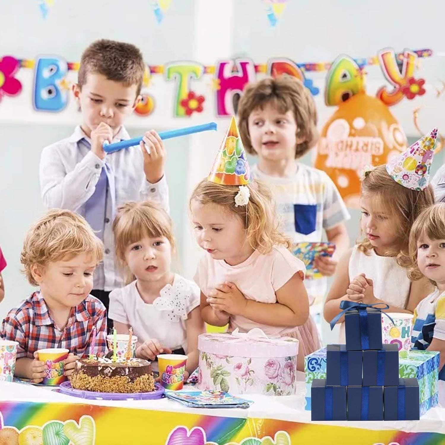 100Pcs Wedding Favor Boxes, Paper Gift Boxes 3X3X3 Inches Small Gift Boxes with Ribbons Small Boxes for Gifts, Crafting, Cupcake, Candy, Bridesmaid Proposal Boxes，Easy Assemble Boxes(Navy)